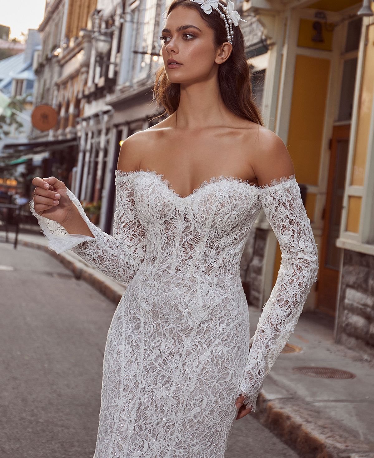 Off the Shoulder Wedding Dress with Long Sleeves and Mermaid Silhouette