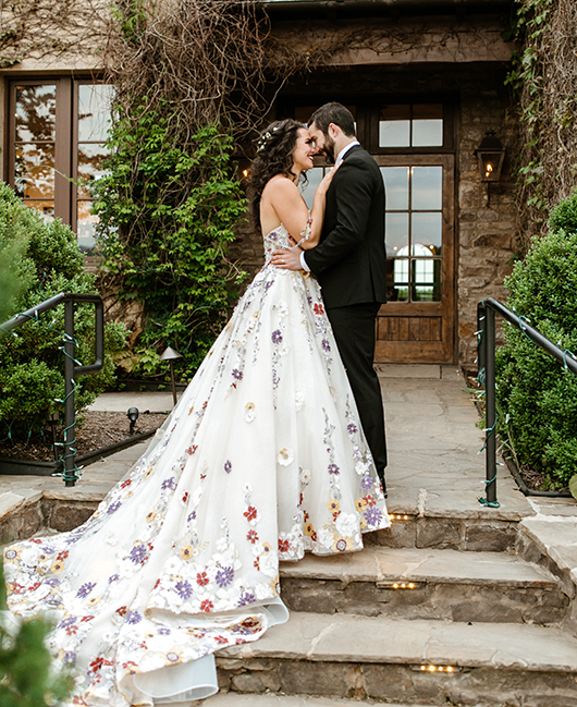 Colorful Wedding Dress with Flowers and Ball Gown Silhouette